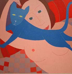 nu au chat bleu. huile sur toile. Broglie-27. 1986