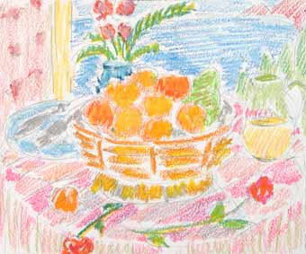 dessin michel ducruet, panier de fruits, still life