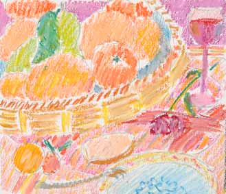 dessin michel ducruet, corbeille de fruits, still life