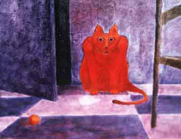 1973 chat rouge, the red cat. huile sur carton toil. collection prive. Paris