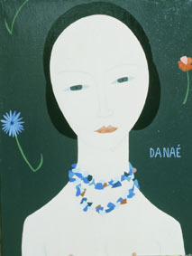 1977. personnage avec collier bleu. Dana. huile sur toile. collection prive. Balbigny