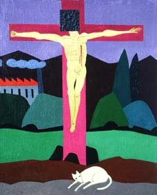 christ surraliste, usine et chien. acrylique sur toile. Broglie-27. 1985