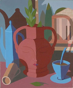 Nature morte  la cafetire et au vase rouge. huile sur toile