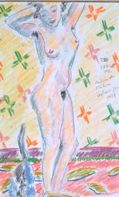 michel ducruet. pose nue. crayons de couleur. avec un chat bleu