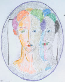 deux ttes  avec carr blanc. crayons de couleur