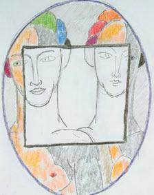 carr blanc, couple d'amies dans une ellipse. 2tude au crayon de couleur