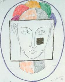 carrnoir sur carr blanc transparent. Chevelure colore. Crayons