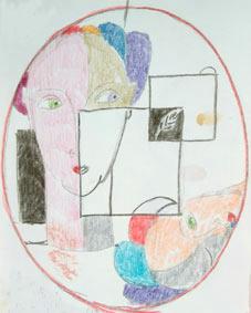 tude en ellipse. Quatre carrs deux ttes et couleurs vives. Crayons.