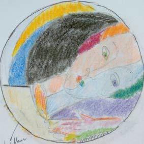 clipse de soleil et tte penche. crayons .