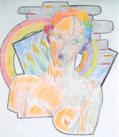 michel ducruet. pose nue. crayons de couleur.alerte